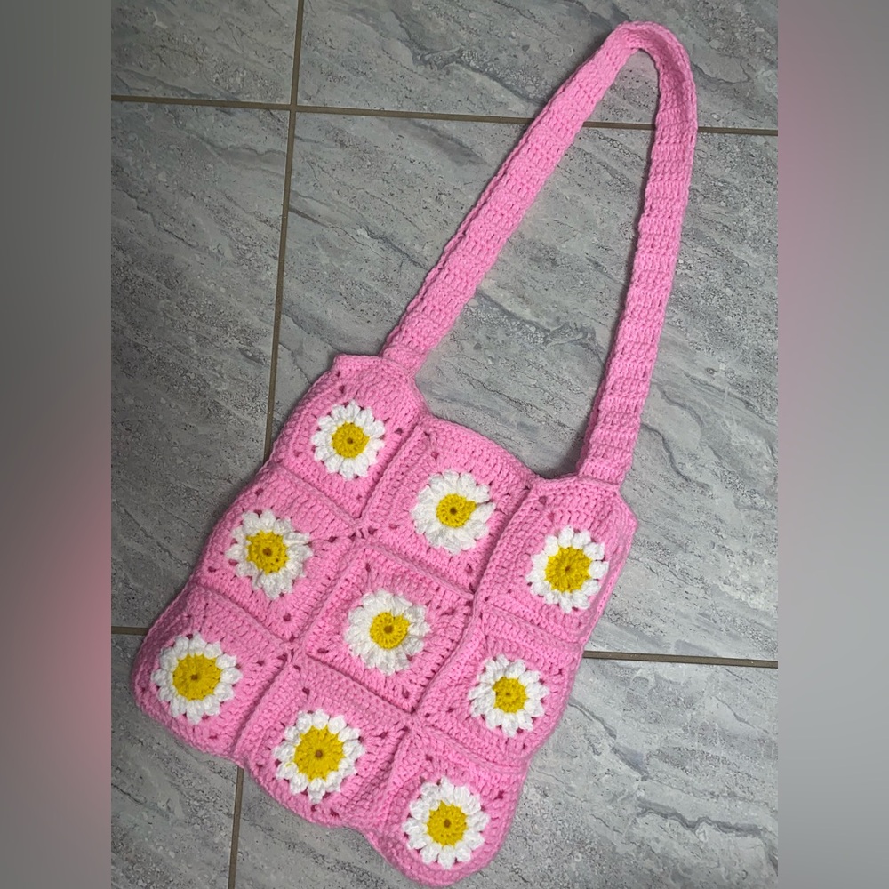 Pink Crochet Floral Tote Bag